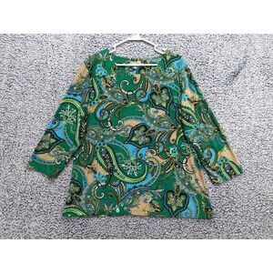 JM Collection Embroidered Paisley Top Size XL Boho 3/4 Sleeve Lightweight Green